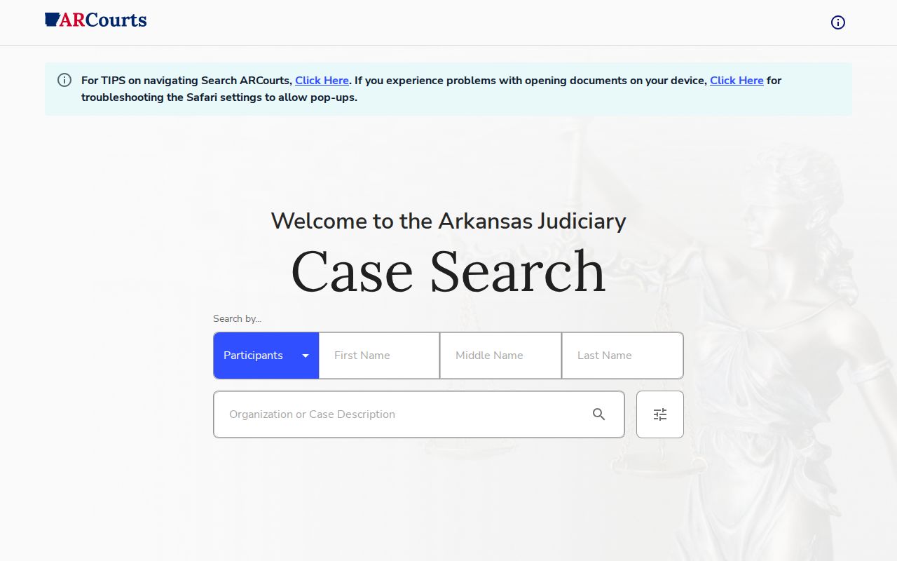 Sharp County court docket Search ARCourts entry screen